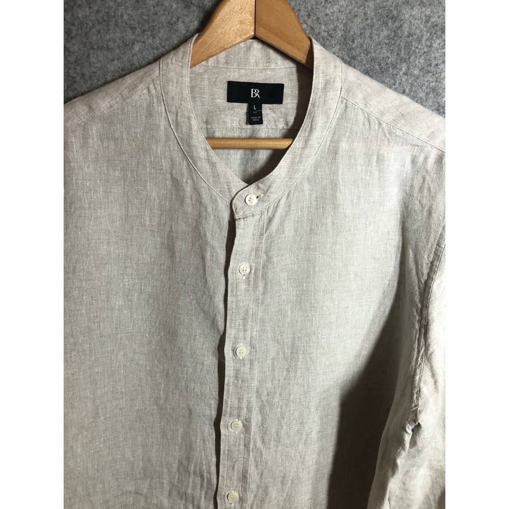 Banana Republic Shirt Men Large Tan 100% Linen Band Collar Career Classic India